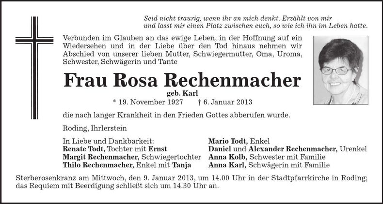 Traueranzeige Rosa Rechenmacher