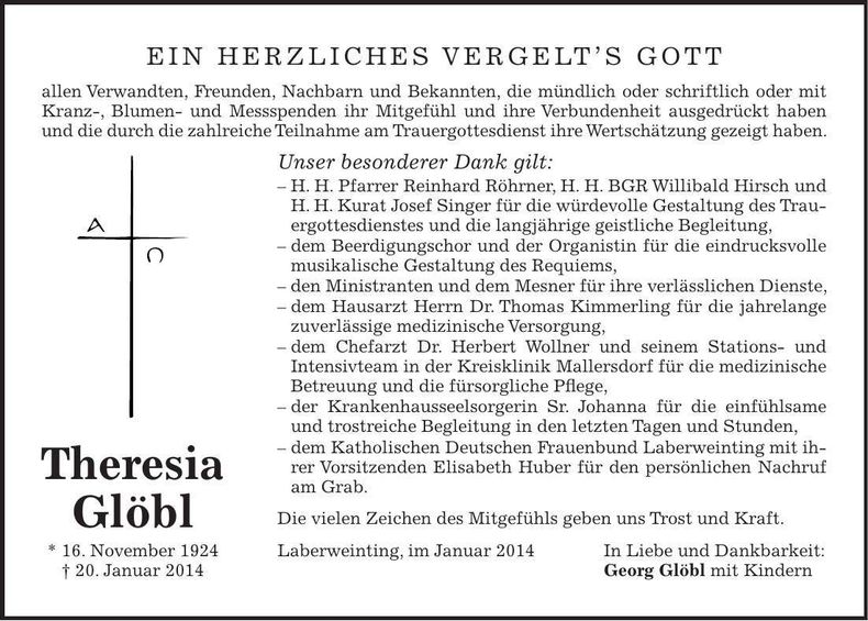 Traueranzeige Theresia Glöbl