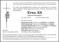 Traueranzeige Erna Alt