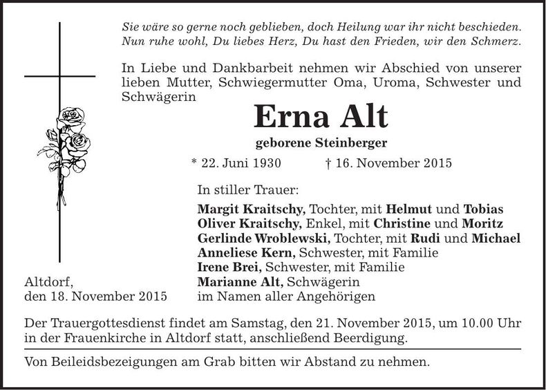 Traueranzeige Erna Alt