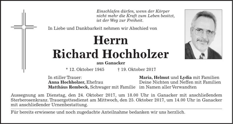 Traueranzeige Richard Hochholzer