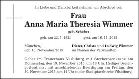 Traueranzeige Anna Maria Theresia Wimmer