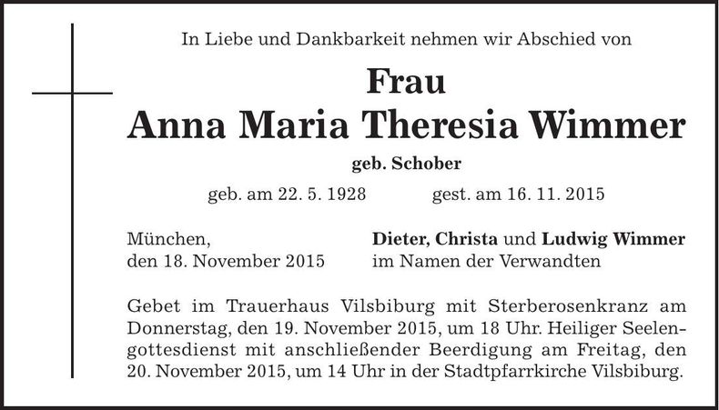 Traueranzeige Anna Maria Theresia Wimmer