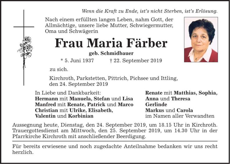 Traueranzeige Maria Färber