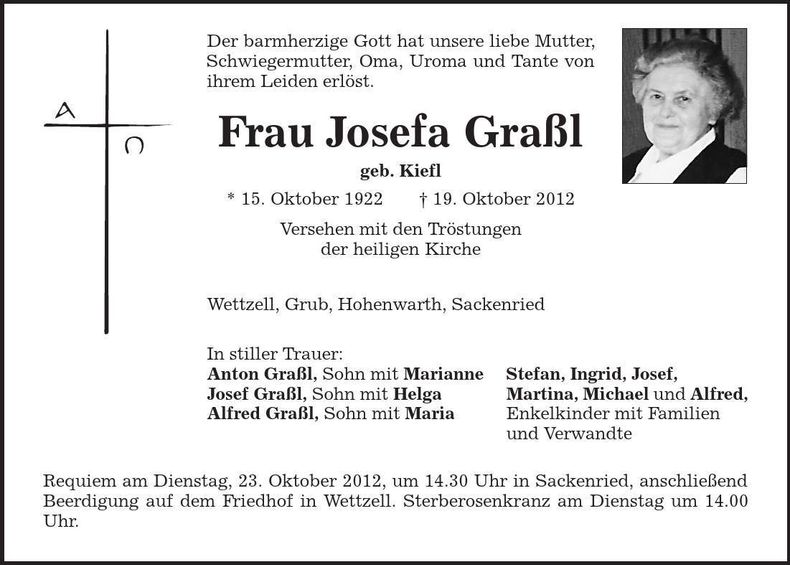 Traueranzeige Josefa Graßl