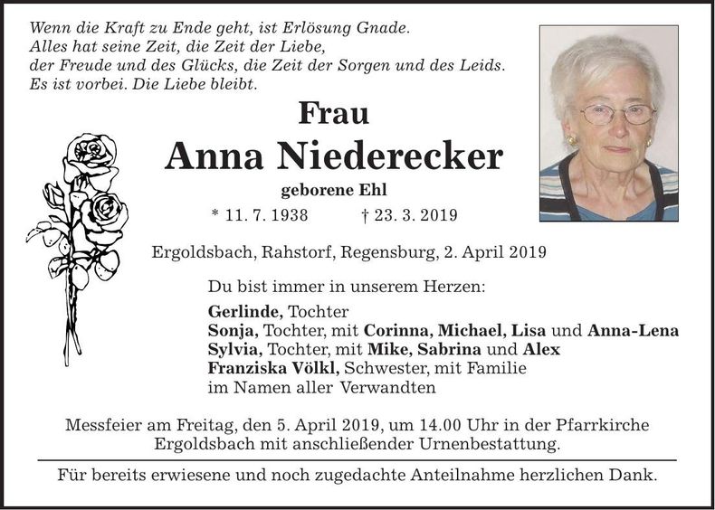 Traueranzeige Anna Niederecker