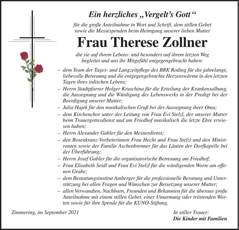 Traueranzeige Therese Zollner