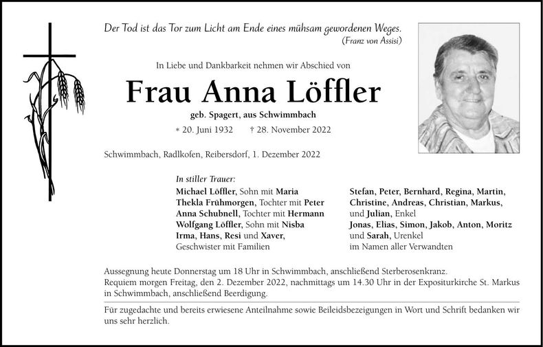 Traueranzeige Anna Löffler