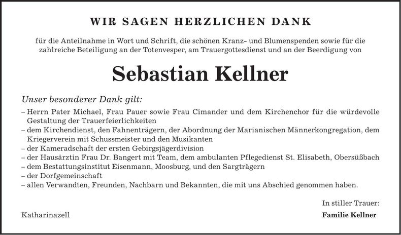 Traueranzeige Sebastian Kellner