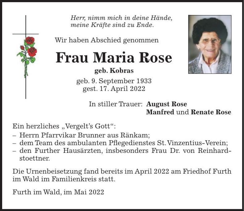 Traueranzeige Maria Rose