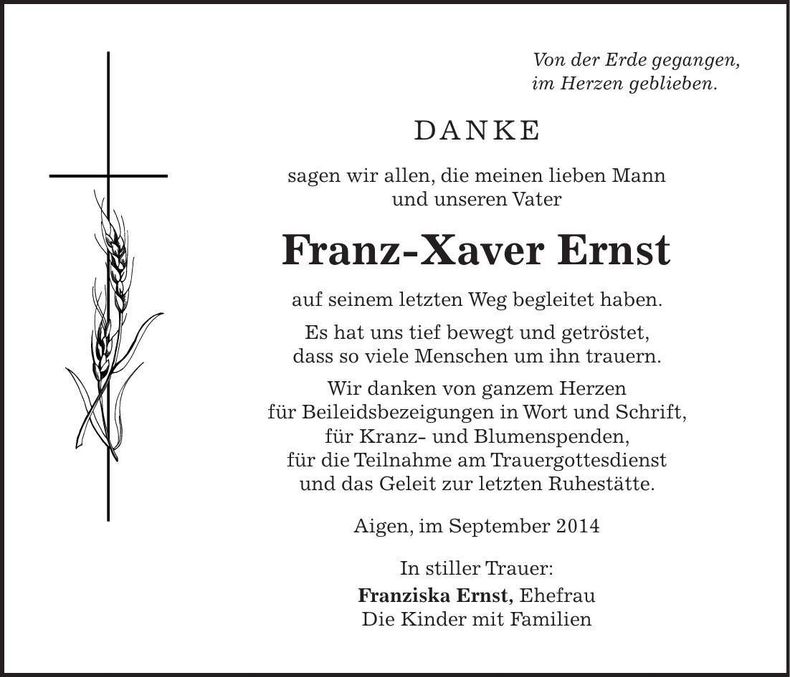 Traueranzeige Franz-Xaver Ernst