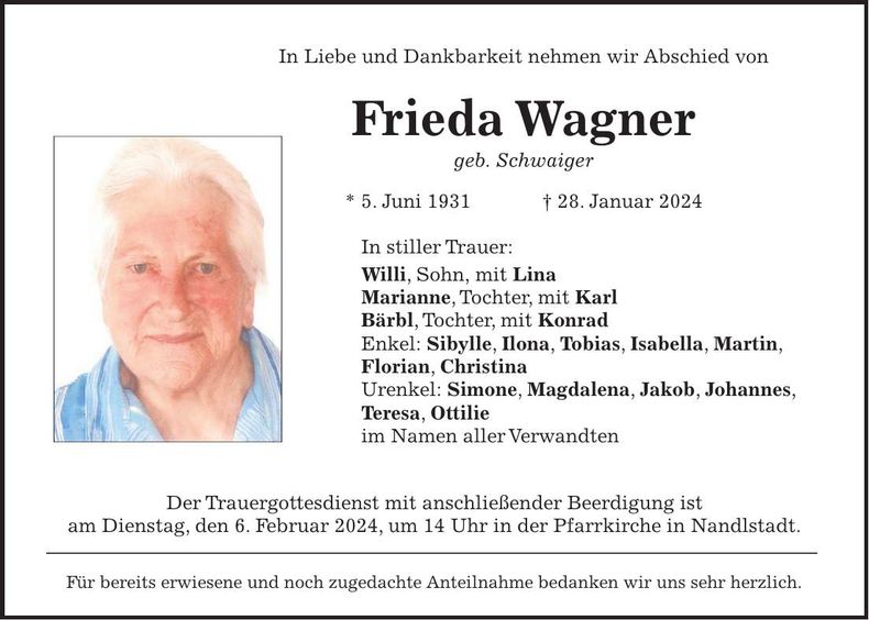 Traueranzeige Frieda Wagner