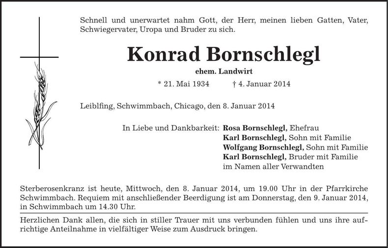 Traueranzeige Konrad Bornschlegl