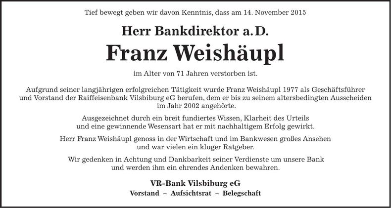 Traueranzeige Franz Weißhäupl