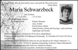 Traueranzeige Maria Schwarzbeck