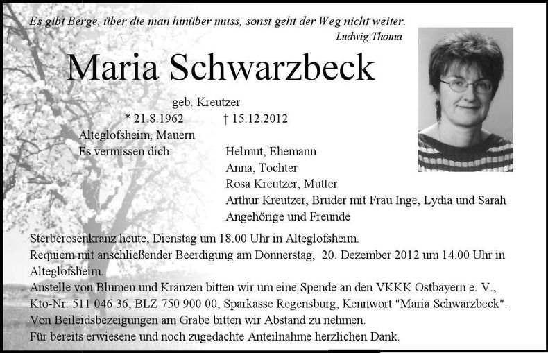 Traueranzeige Maria Schwarzbeck