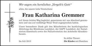 Traueranzeige Katharina Gremmer