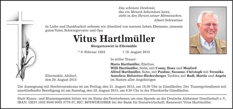 Traueranzeige Vitus Hartlmüller