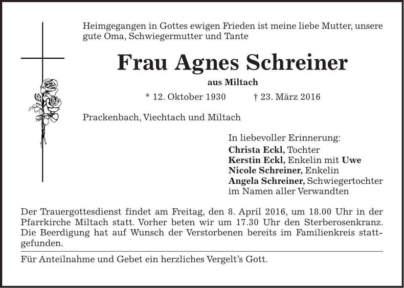 Traueranzeige Agnes Schreiner