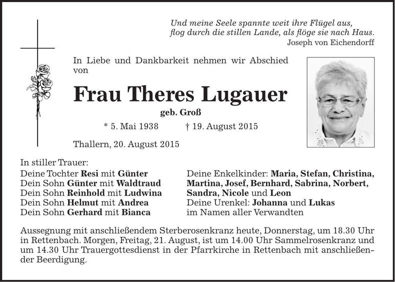 Traueranzeige Theres Lugauer