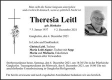 Traueranzeige Theresia Leitl
