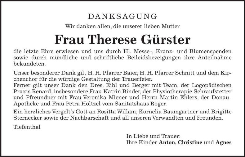 Traueranzeige Therese Gürster
