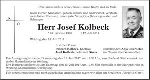 Traueranzeige Josef Kolbeck
