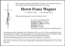 Traueranzeige Franz Wagner