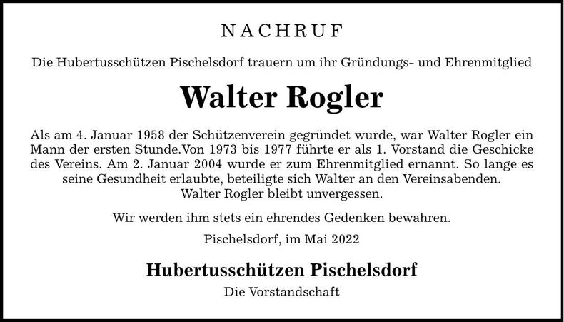 Traueranzeige Walter Rogler