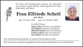 Traueranzeige Elfriede Schetl