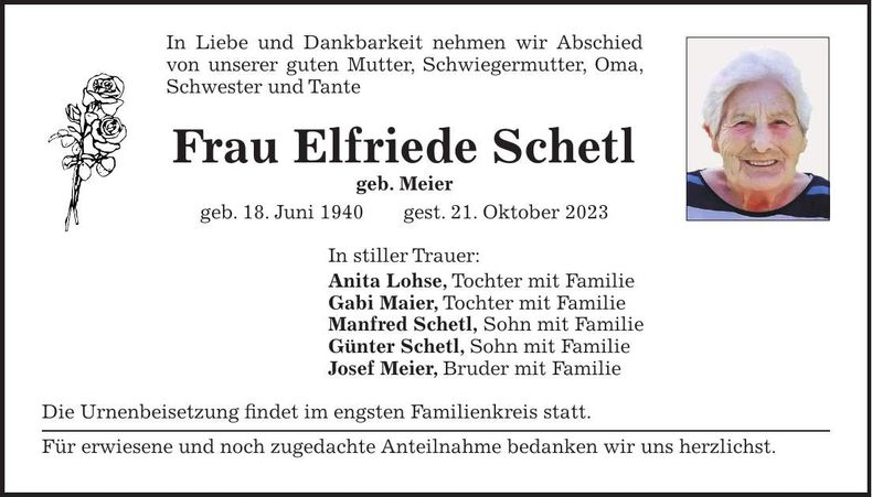 Traueranzeige Elfriede Schetl