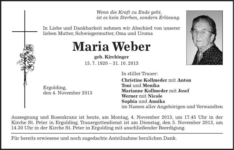 Traueranzeige Maria Weber