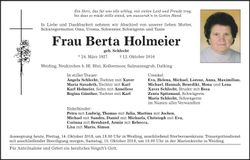 Traueranzeige Berta Holmeier