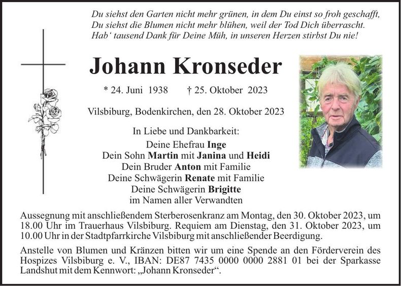 Traueranzeige Johann Kronseder