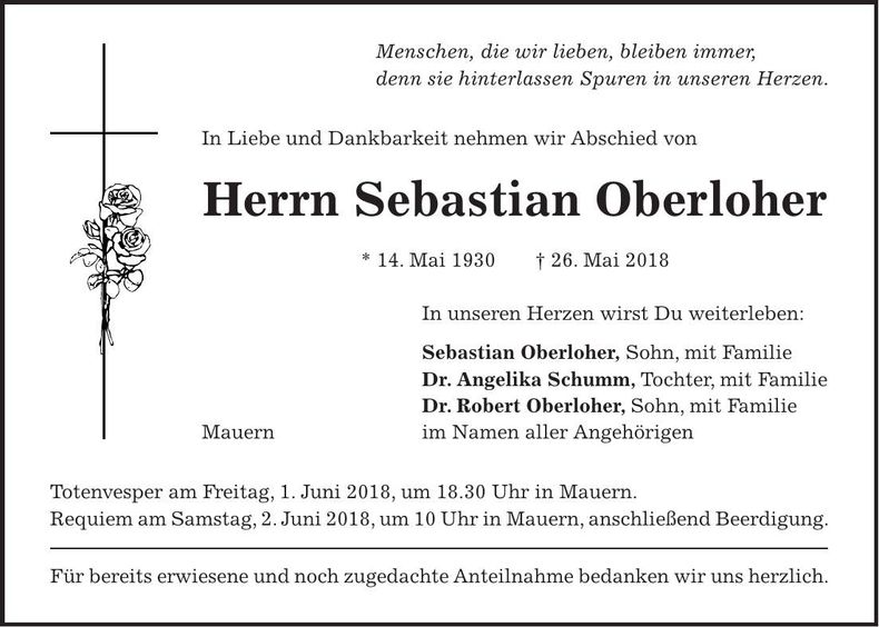 Traueranzeige Sebastian Oberloher