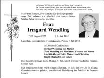 Traueranzeige Imrgard Wendling