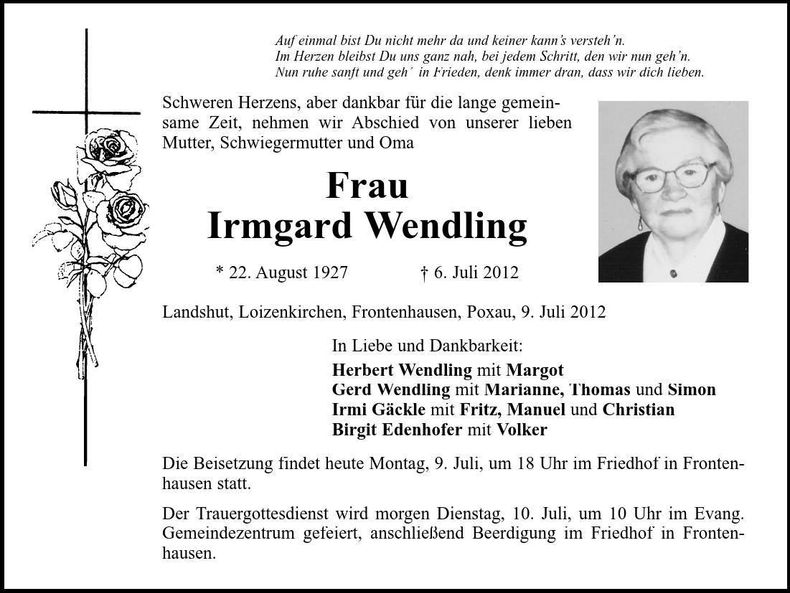 Traueranzeige Imrgard Wendling