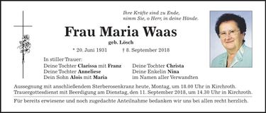 Traueranzeige Maria Waas
