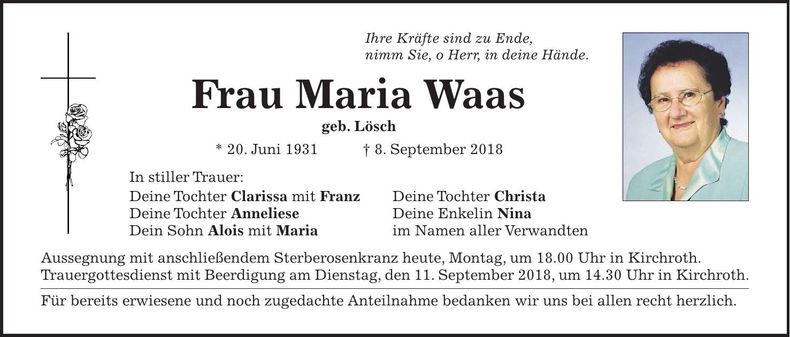 Traueranzeige Maria Waas