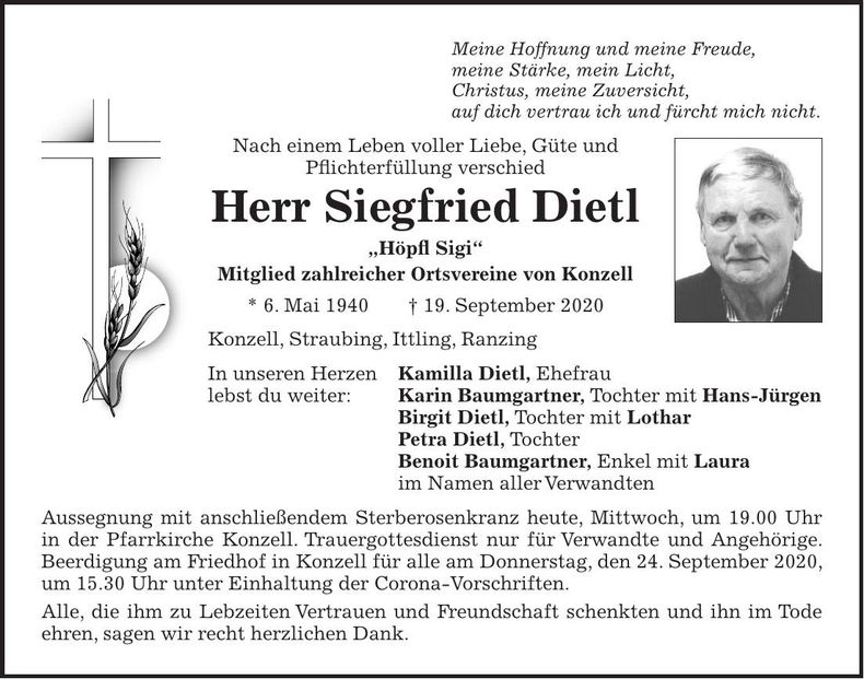 Traueranzeige Siegfried Dietl