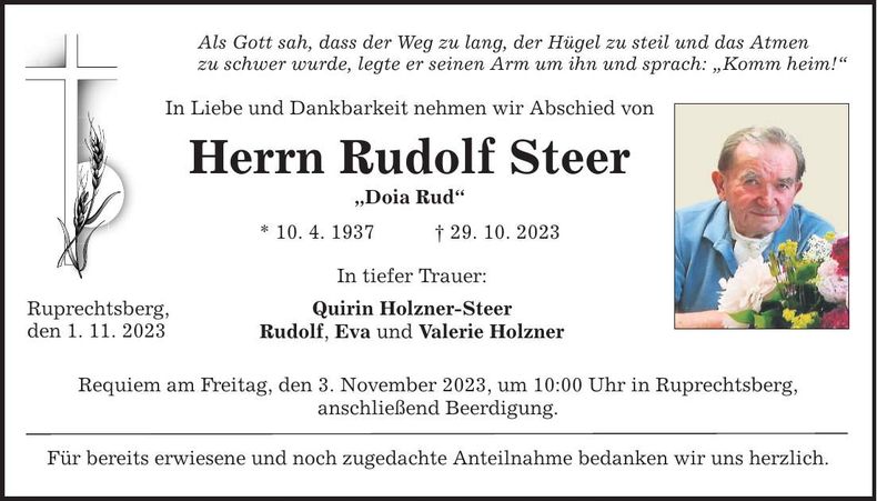 Traueranzeige Rudolf Steer