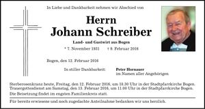 Traueranzeige Johann Schreiber