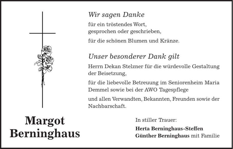 Traueranzeige Margot Berninghaus