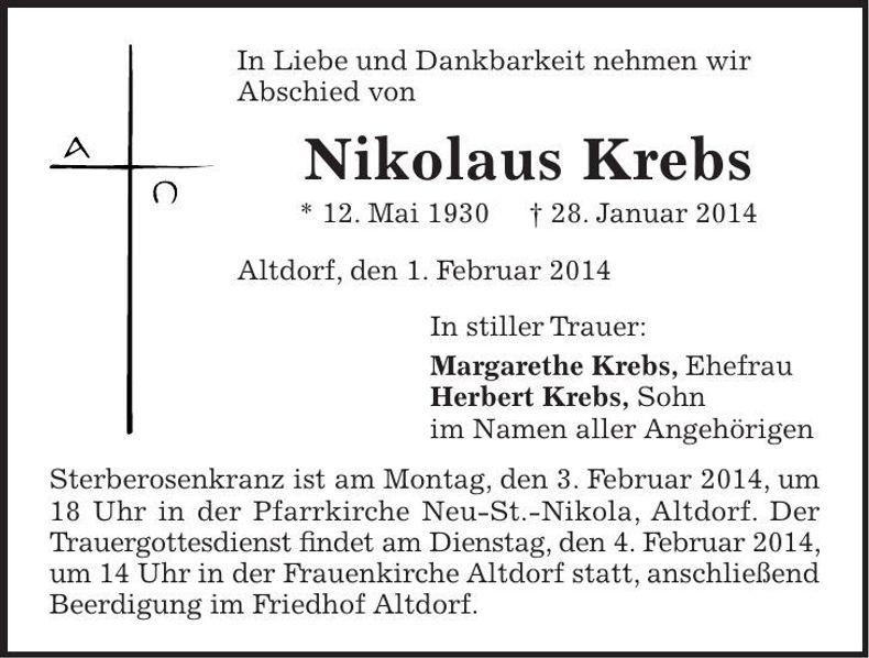Traueranzeige Nikolaus Krebs