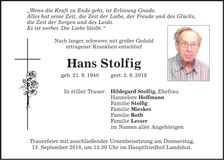 Traueranzeige Hans Stolfig