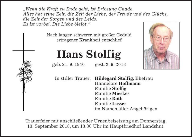 Traueranzeige Hans Stolfig
