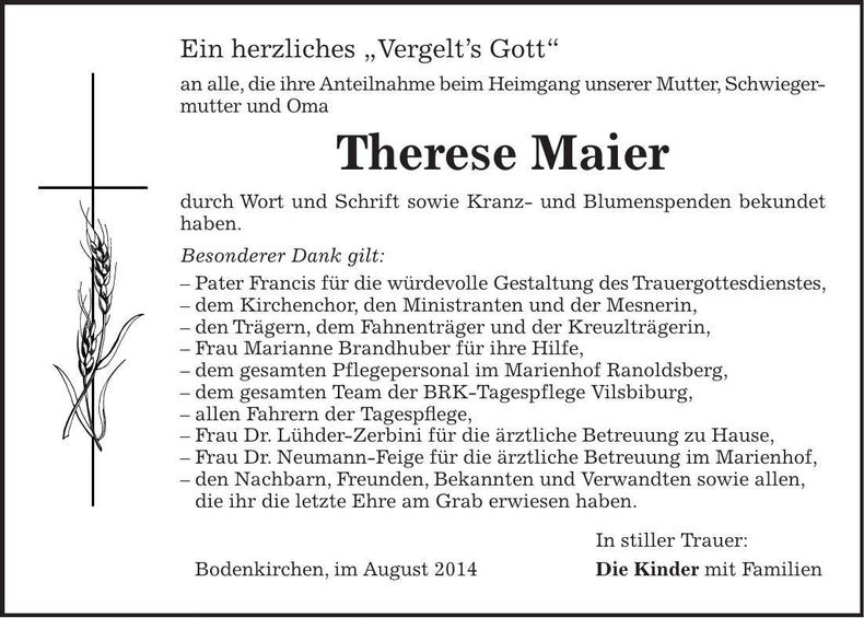 Traueranzeige Therese Maier