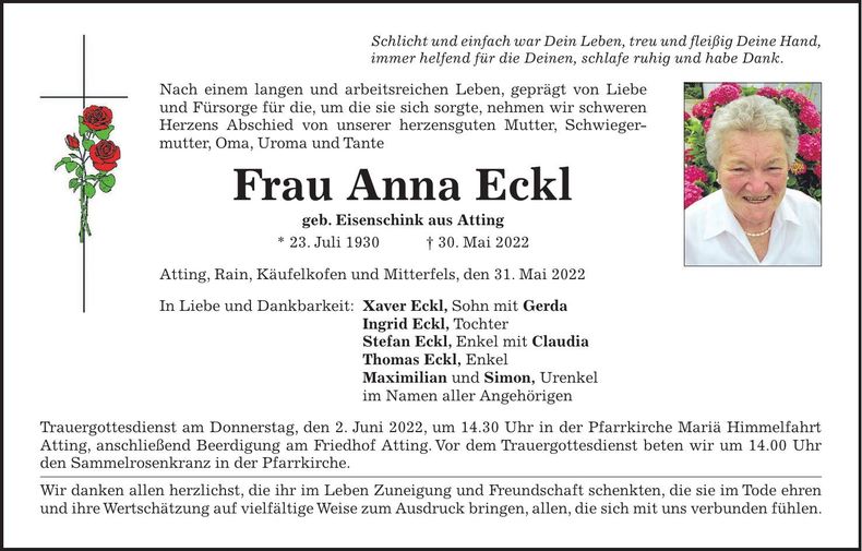 Traueranzeige Anna Eckl