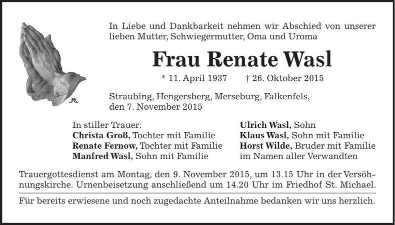 Traueranzeige Renate Wasl