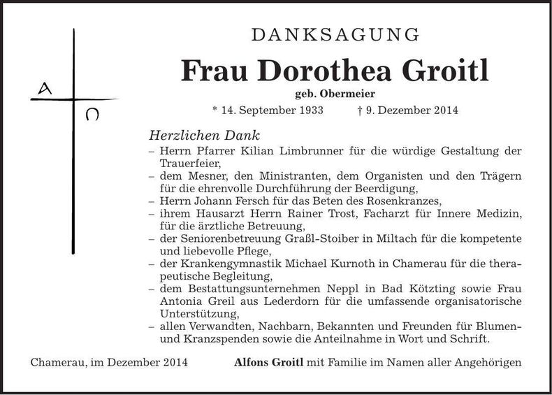 Traueranzeige Dorothea Groitl